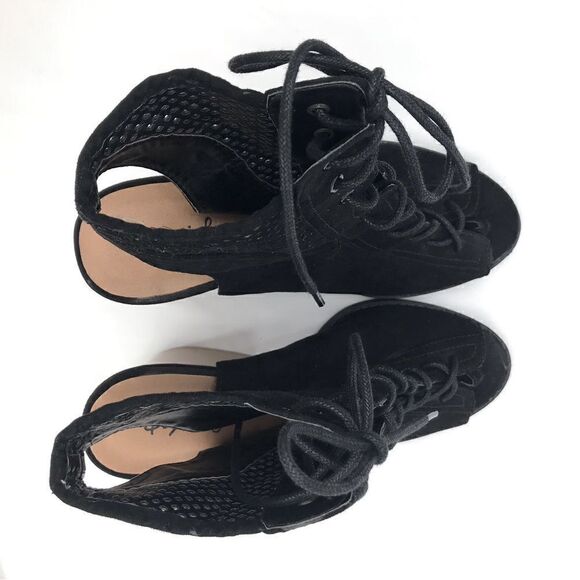 Qupid Perforated Black Faux Suede Open Toe Lace Up Cut Out Ankle Heels - Picture 11 of 15